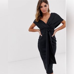 ASOS black fallen shoulder midi pencil dress